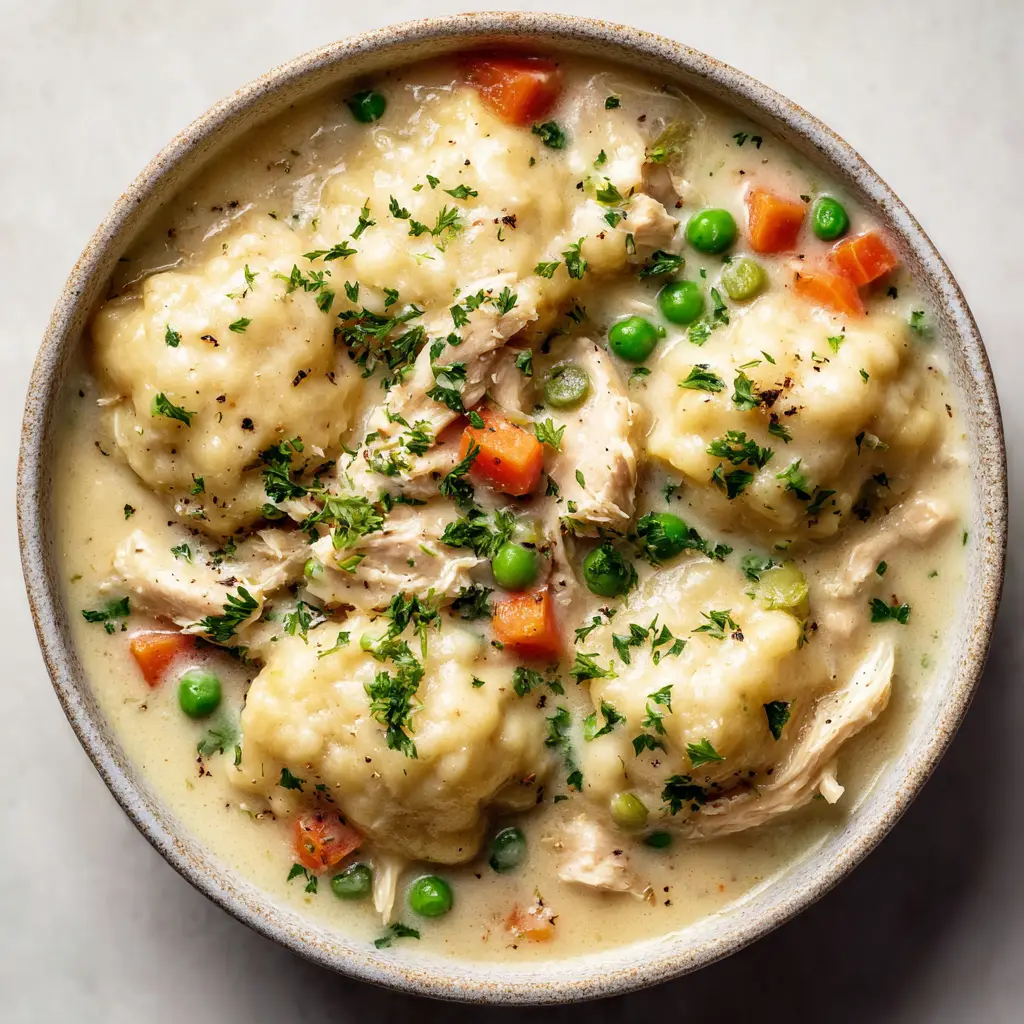 Large, fluffy, rustic drop dumplings resting on top of creamy chicken soup, garnished with chopped fresh flat-leaf parsley.