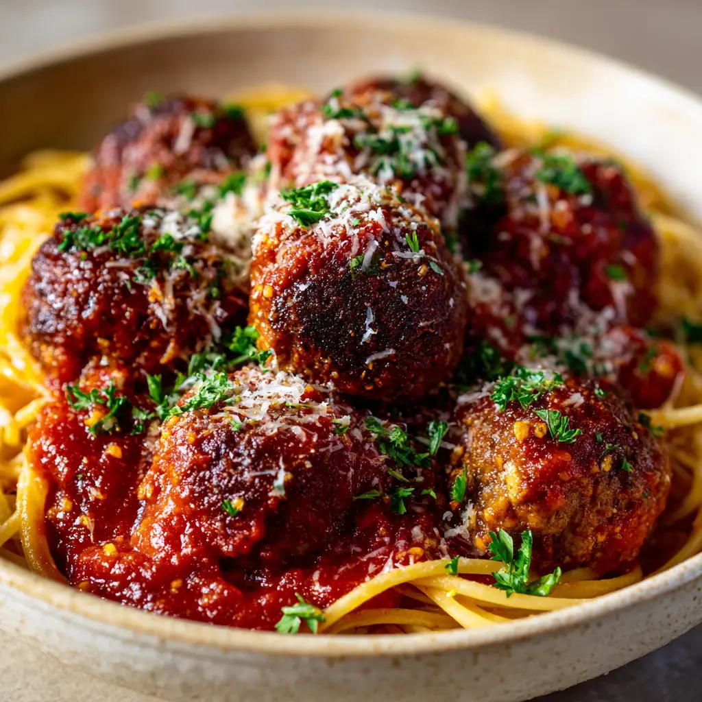 Classic Italian Meatballs with Chunky Marinara 2 Large Italian meatballs simmering in a skillet of thick, chunky red marinara sauce.