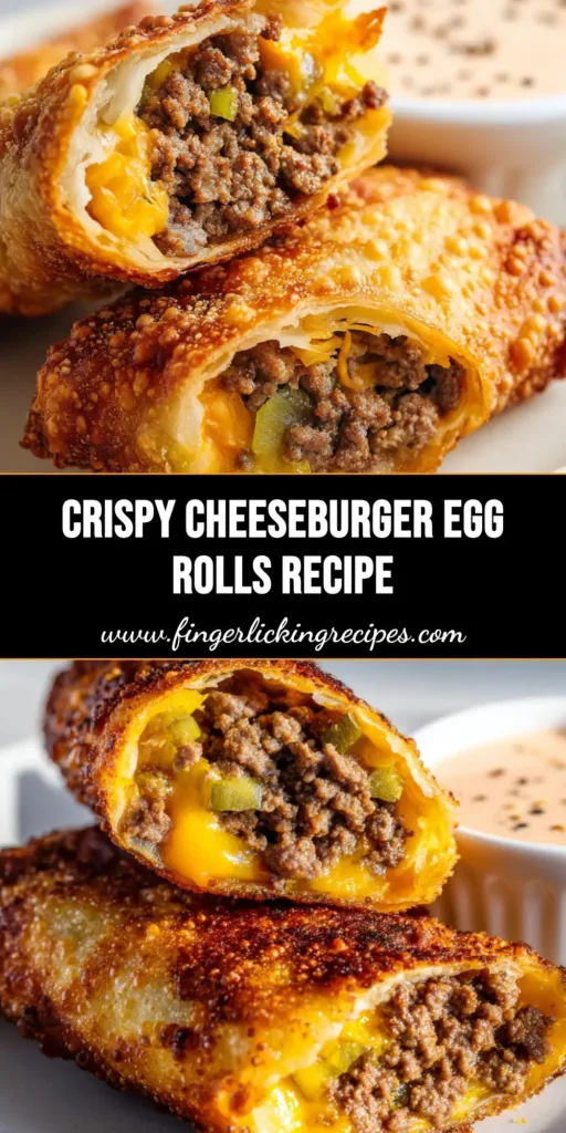 Ultimate Crispy Cheeseburger Egg Rolls 5 A close-up of crispy golden-brown cheeseburger egg rolls cut in half, showing deeply melted bright orange cheddar and crumbled beef.