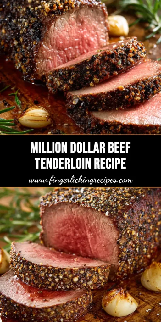 Thick slices of Million Dollar Roast Beef Tenderloin revealing a medium-rare pink center on a rustic carving board.