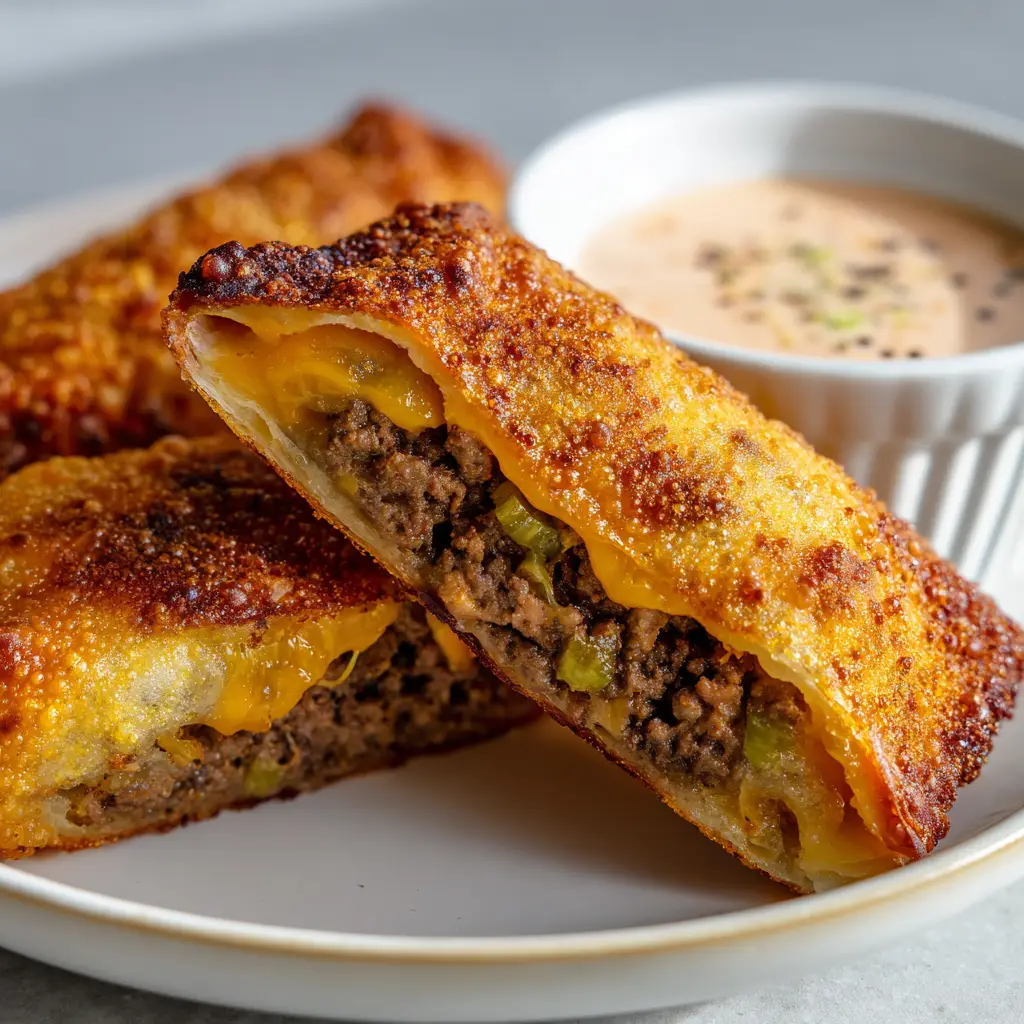 Ultimate Crispy Cheeseburger Egg Rolls 3 Ingredients for Cheeseburger Egg Rolls including ground beef, cheddar cheese, egg roll wrappers, and diced pickles.