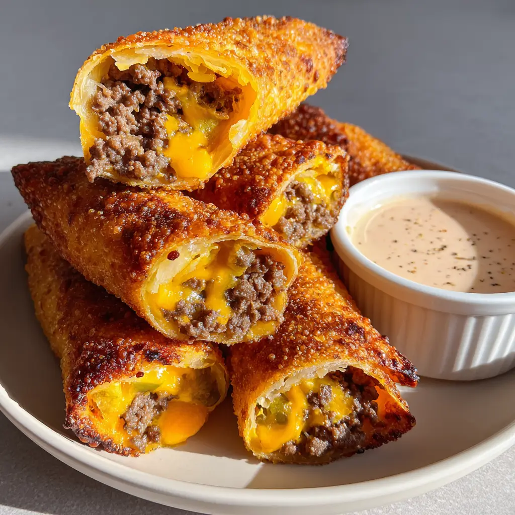 Ultimate Crispy Cheeseburger Egg Rolls 2 Cheeseburger egg rolls sliced diagonally revealing a juicy filling, next to a pale pinkish-orange dipping sauce.