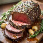 Raw beef tenderloin coated thickly with coarse sea salt, cracked black pepper, minced garlic, and fresh chopped green rosemary.