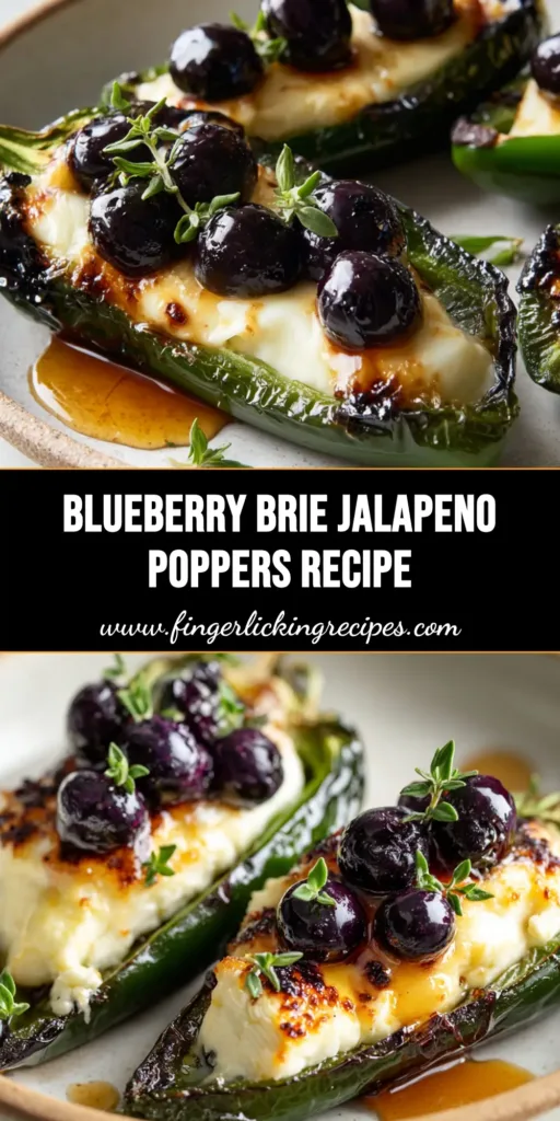 Close-up of roasted green jalapeno halves stuffed with gooey melted brie cheese, soft roasted blueberries, a honey drizzle, and fresh thyme.