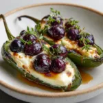 Fresh ingredients for Blueberry Brie Jalapeno Poppers including blistered jalapenos, creamy brie, fresh dark purple blueberries, and thyme.