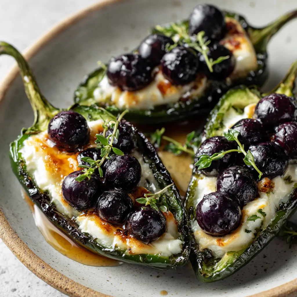 Side-by-side roasted green jalapeno halves stuffed with thick gooey melted creamy white brie cheese and soft roasted blueberries on a rustic white plate.
