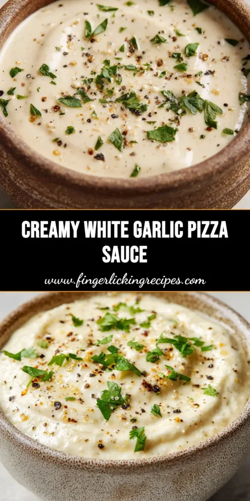 A small rustic ceramic bowl of thick, creamy off-white White Garlic Pizza Sauce speckled with black pepper and green parsley on a marble countertop.