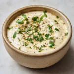 Close up view of creamy White Garlic Pizza Sauce in a rustic ceramic bowl with coarse cracked black pepper and freshly grated parmesan.