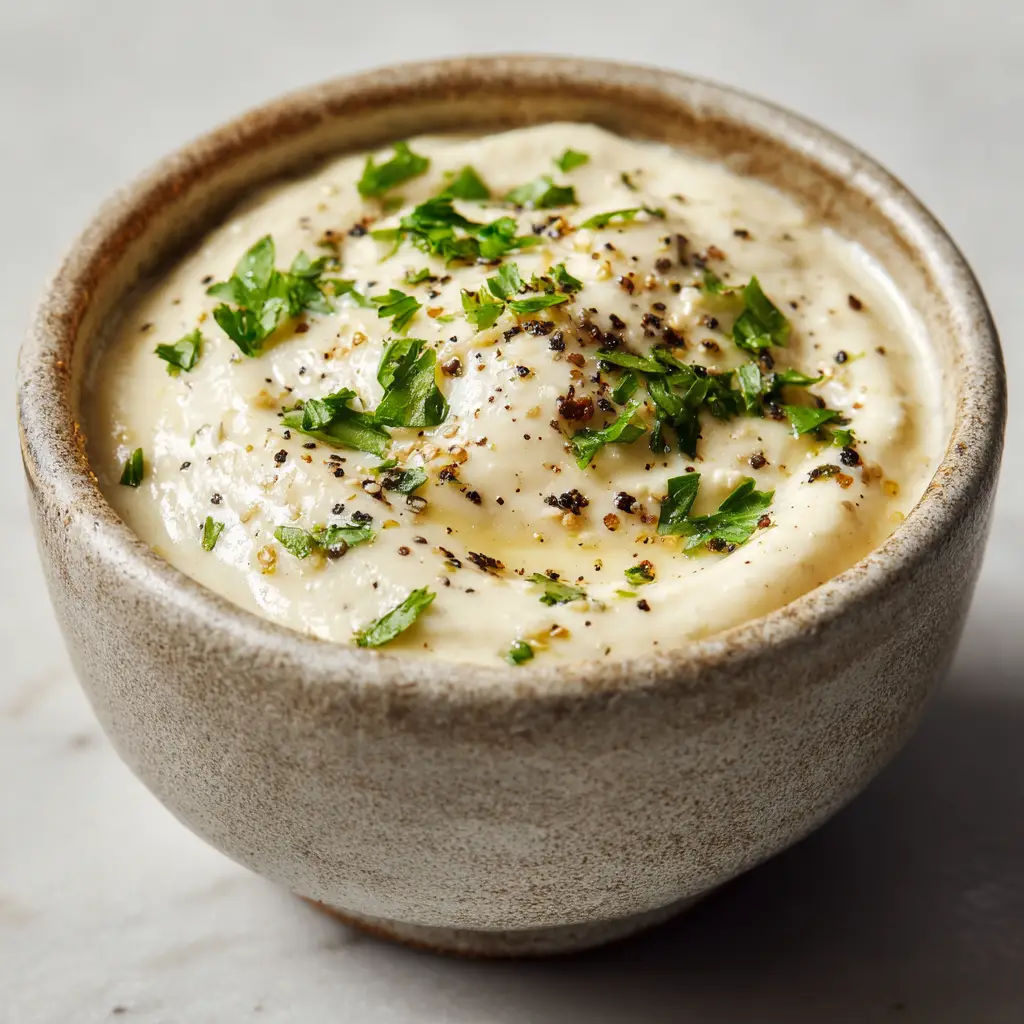 Freshly made white garlic pizza sauce speckled with tiny flecks of green parsley sitting on a neutral marble countertop.