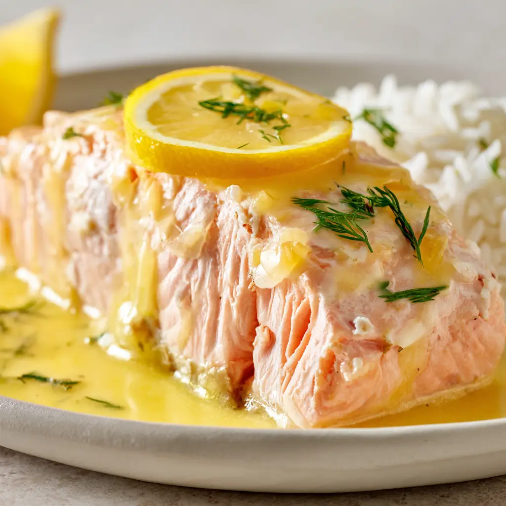 Perfect Poached Salmon Recipe with Glossy Lemon Sauce 3 Close up of raw, thick center-cut salmon fillets prepared for a Poached Salmon Recipe.
