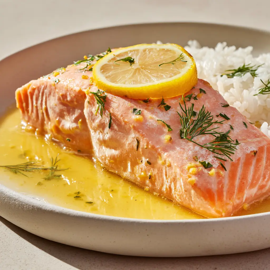 Perfect Poached Salmon Recipe with Glossy Lemon Sauce 2 A gentle simmering aromatic poaching liquid in a skillet with wine and peppercorns.