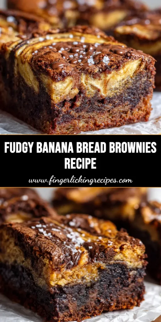 Fudgy Marbled Banana Bread Brownies 5 Thick square slices of freshly baked banana bread brownies resting on white parchment paper over a wooden cutting board, showing distinct marbled layers and melted chocolate chips.