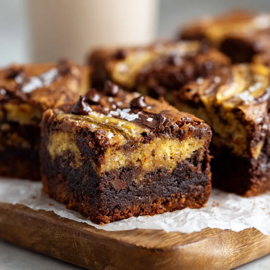 Fudgy Marbled Banana Bread Brownies 3 Close-up of golden-brown banana bread batter swirled with dark chocolate brownie batter, preparing for baking.