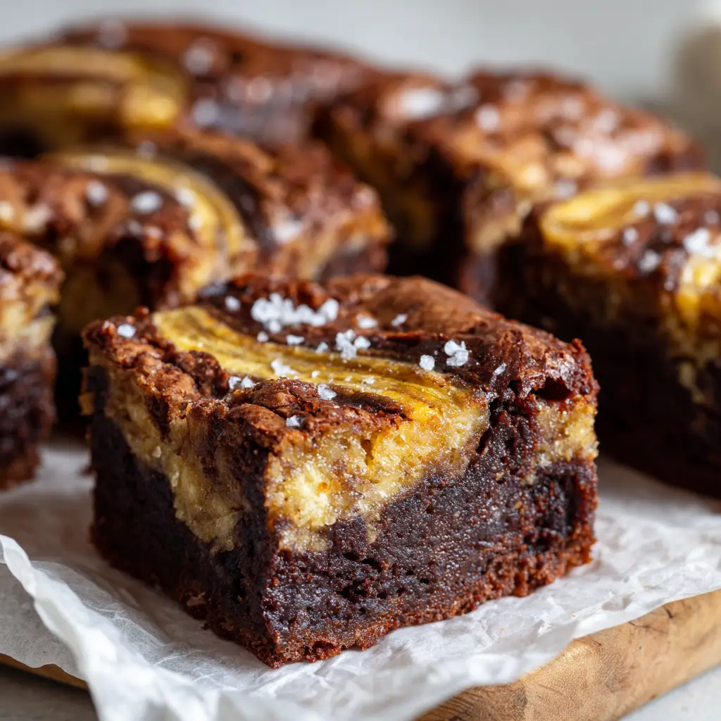 Fudgy Marbled Banana Bread Brownies 2 A cross-section view of a sliced banana bread brownie, revealing dense, fudgy chocolate and a glossy crinkled crust topped with sea salt flakes.