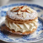 Close-up of a French Almond Cookie resting on a classic blue and white patterned ceramic plate, showcasing its cracked golden-beige meringue shell and fluffy off-white filling.