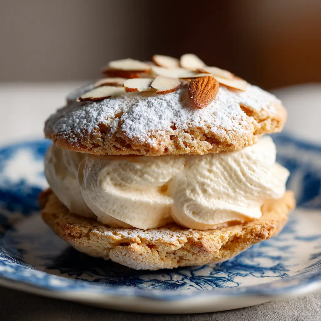 Detailed side view of a delicate French sandwich cookie revealing the thick, generously piped layer of fluffy off-white toasted almond cream filling.