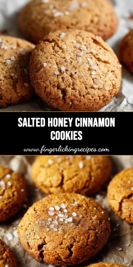 Salted Honey Cinnamon Cookies 4 A close up view of Salted Honey Cinnamon Cookies with a glossy honey sheen and flaky sea salt on parchment paper.