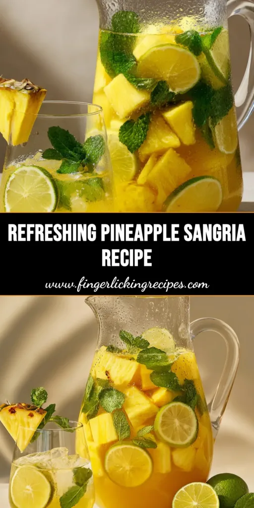 Refreshing Pineapple Sangria Recipe (Golden & Fruity) 4 A large clear glass pitcher filled with golden-yellow Pineapple Sangria, packed with thick pineapple chunks, lemon slices, lime wheels, and fresh mint leaves, served next to a stemless wine glass.