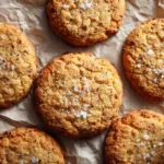Overhead shot of freshly baked golden-brown Salted Honey Cinnamon Cookies on unbleached parchment paper.