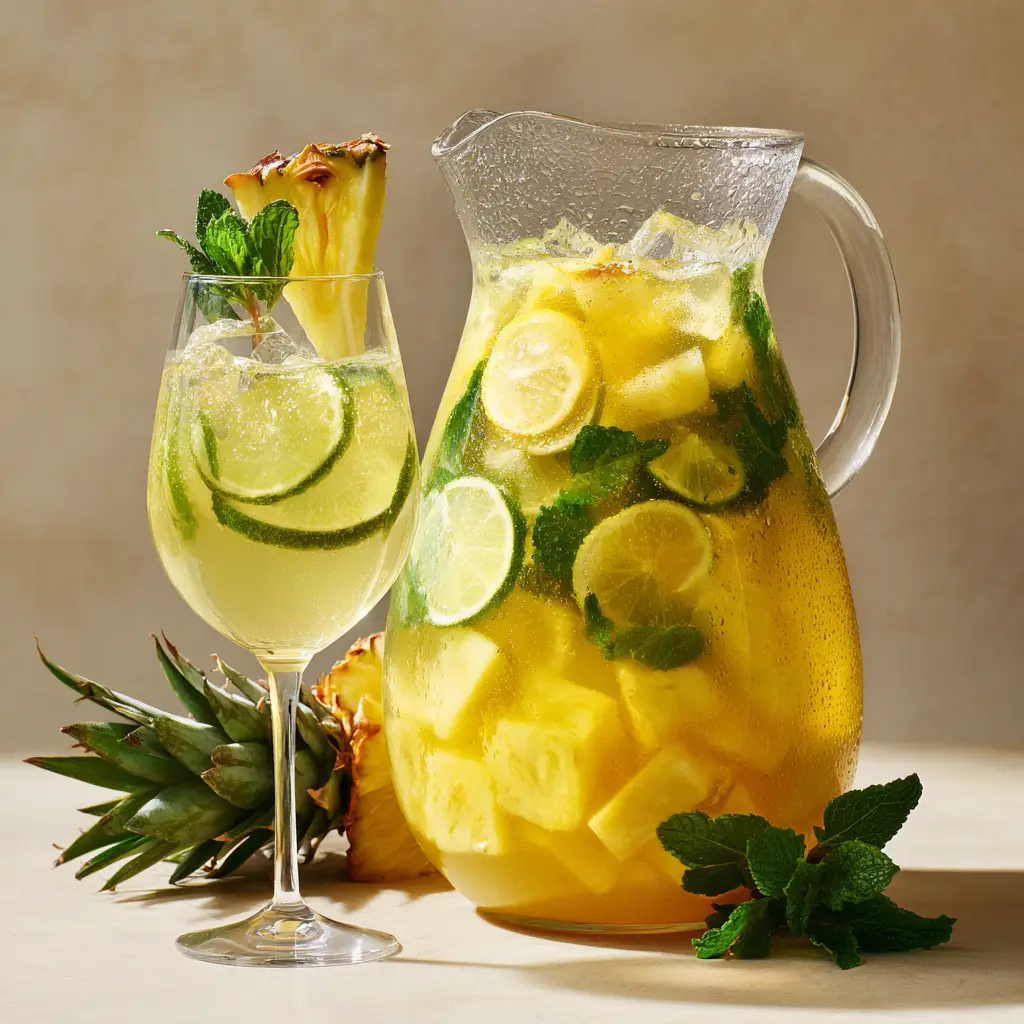 Refreshing Pineapple Sangria Recipe (Golden & Fruity) 3 Fresh ingredients for Pineapple Sangria including crisp white wine, pineapple juice, thick pineapple chunks, lemons, limes, and fresh green mint leaves.