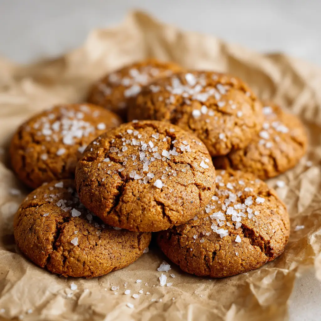 Salted Honey Cinnamon Cookies 2 Close up of a soft cookie showing visible dark cinnamon specks, glossy honey, and coarse sea salt.
