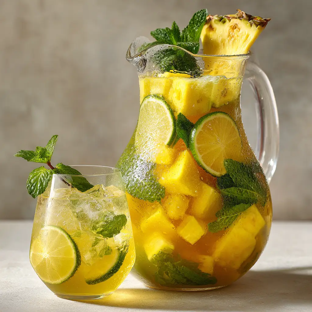 Refreshing Pineapple Sangria Recipe (Golden & Fruity) 2 A large clear glass pitcher showing distinct layers of thick pineapple chunks, thin lemon slices, and lime wheels before the golden liquid is added.