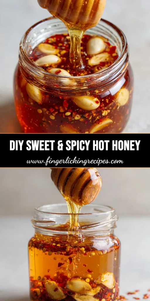 Ultimate Garlic Hot Honey Recipe (Sweet & Spicy) 4 A close-up of a small glass mason jar filled with thick amber garlic hot honey, featuring whole roasted golden garlic cloves and suspended bright red chili pepper flakes.