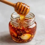 Ingredients for Garlic Hot Honey Recipe including raw honey, fresh garlic cloves, and bright red chili pepper flakes on a light neutral countertop.