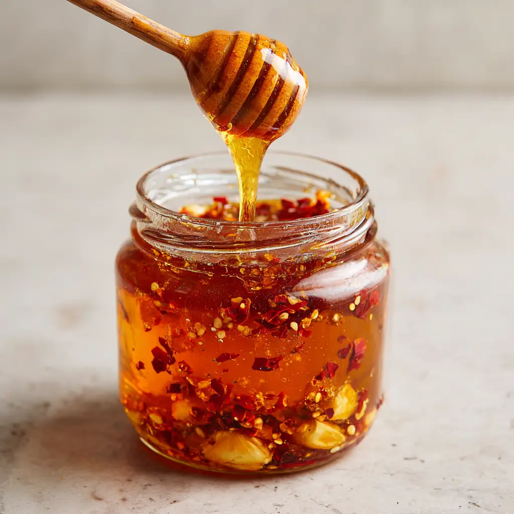 Ultimate Garlic Hot Honey Recipe (Sweet & Spicy) 2 A wooden honey dipper lifted slightly above a glass mason jar, with a glossy strand of sweet and spicy garlic hot honey dripping down.