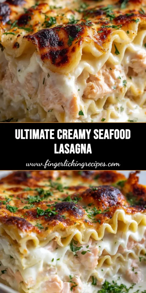 The Ultimate Creamy Seafood Lasagna 5 A bubbling dish of Creamy Seafood Lasagna featuring thick glossy white bechamel and blistered mozzarella cheese.