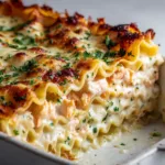 Close-up of a freshly cut square slice of Creamy Seafood Lasagna sitting in a white ceramic baking dish.