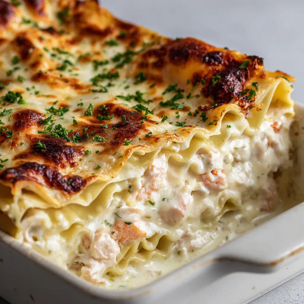 The Ultimate Creamy Seafood Lasagna 2 Macro shot highlighting the blistered, charred golden-brown mozzarella crust on top of the seafood lasagna.