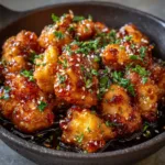 Crispy Golden-Brown Honey Butter Chicken Recipe Ingredients for honey butter chicken including raw chicken chunks, flour, cornstarch, honey, melted butter, fresh parsley, and sesame seeds.
