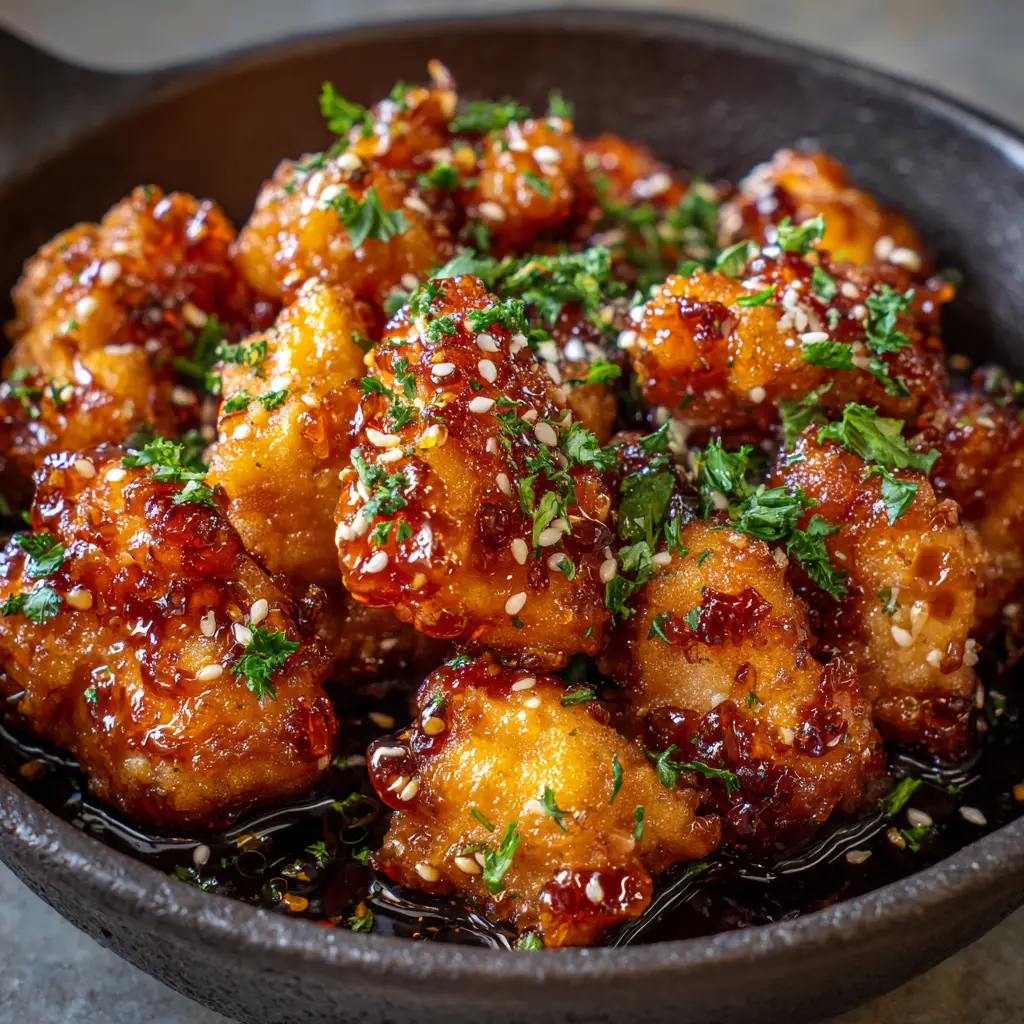 Crispy Golden-Brown Honey Butter Chicken Recipe 3 Ingredients for honey butter chicken including raw chicken chunks, flour, cornstarch, honey, melted butter, fresh parsley, and sesame seeds.