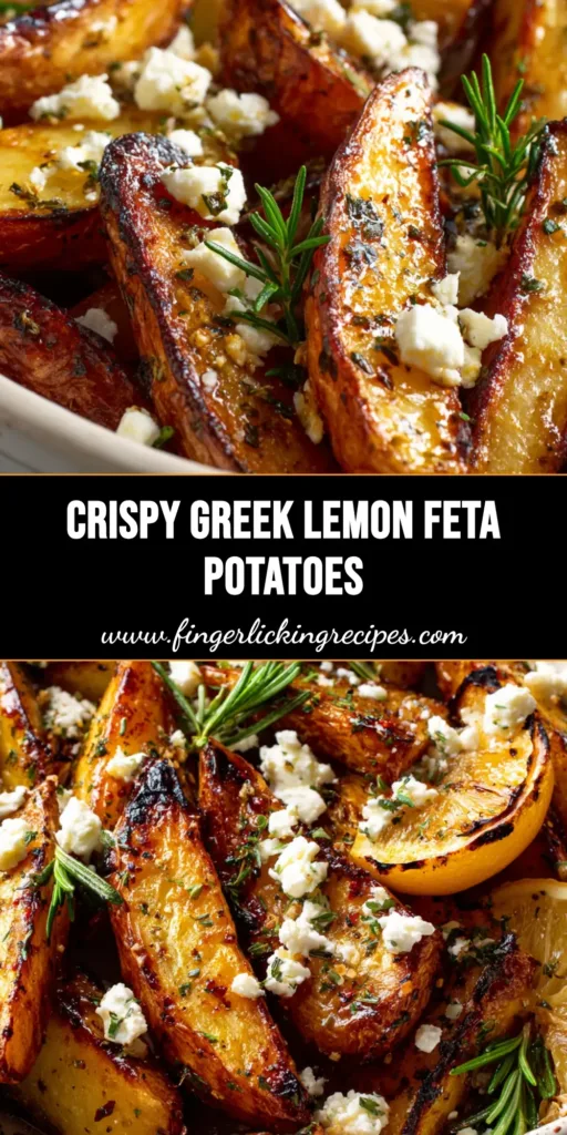 Crispy Greek Lemon Potatoes with Feta and Fresh Rosemary 5 A close-up of crispy Greek Lemon Potatoes in a rustic white ceramic dish, glistening with olive oil and topped with crumbled feta cheese, dried oregano, and fresh rosemary needles.