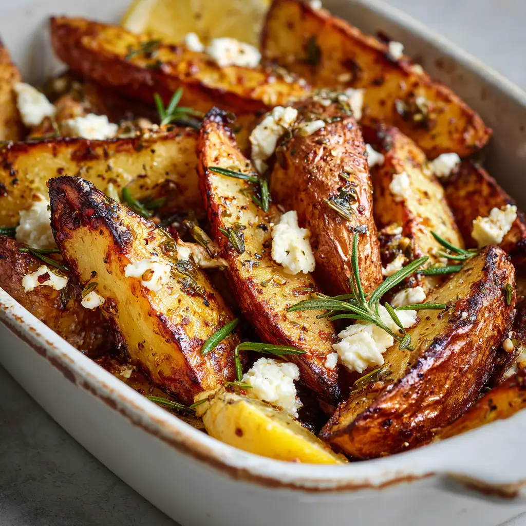 Crispy Greek Lemon Potatoes with Feta and Fresh Rosemary 3 Close-up shot of thick-cut roasted potato wedges with deeply golden-brown charred edges, roasted lemon wedges, and white feta cheese crumbles. (Greek Lemon Potatoes)