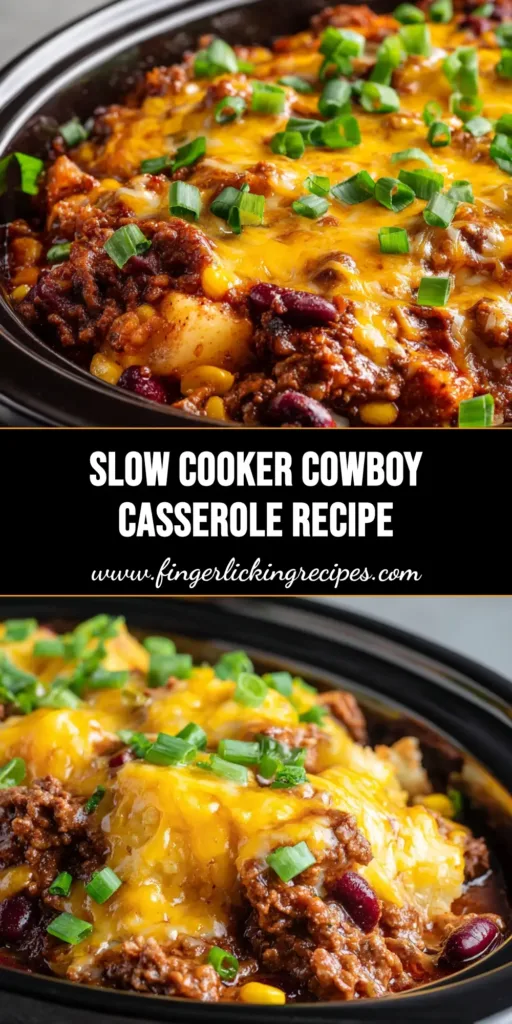 The Ultimate Slow Cooker Cowboy Casserole Recipe 4 A rustic black slow cooker filled with hearty Slow Cooker Cowboy Casserole, featuring a thick blanket of bubbling melted cheddar and Monterey Jack cheese, garnished with fresh green onions.