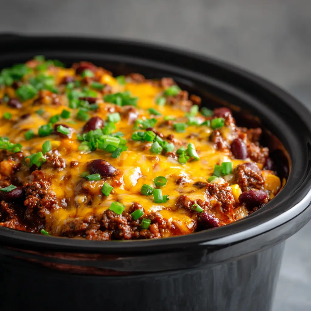 The Ultimate Slow Cooker Cowboy Casserole Recipe 3 A close-up of browned ground beef, tender diced russet potatoes, kidney beans, and sweet corn in a savory brown gravy sauce inside a black ceramic crockpot.