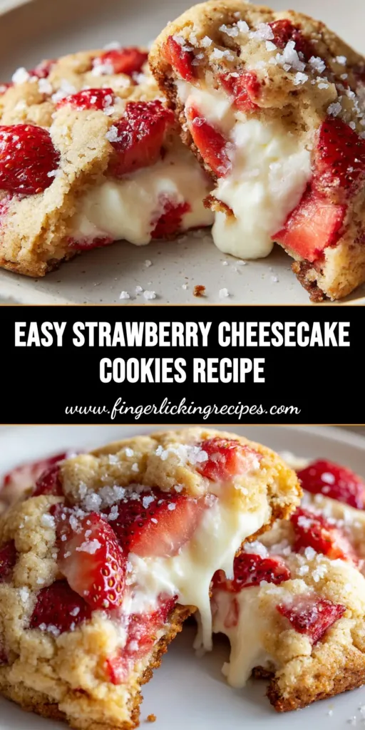 A freshly baked strawberry cheesecake cookie broken in half, resting on a flat white ceramic plate, showing a thick oozing layer of melted white cream cheese filling.