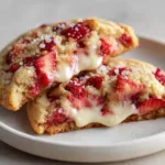 Close up of soft-baked cookie dough studded with bright red, glistening diced fresh strawberries and topped with coarse white sugar crystals.