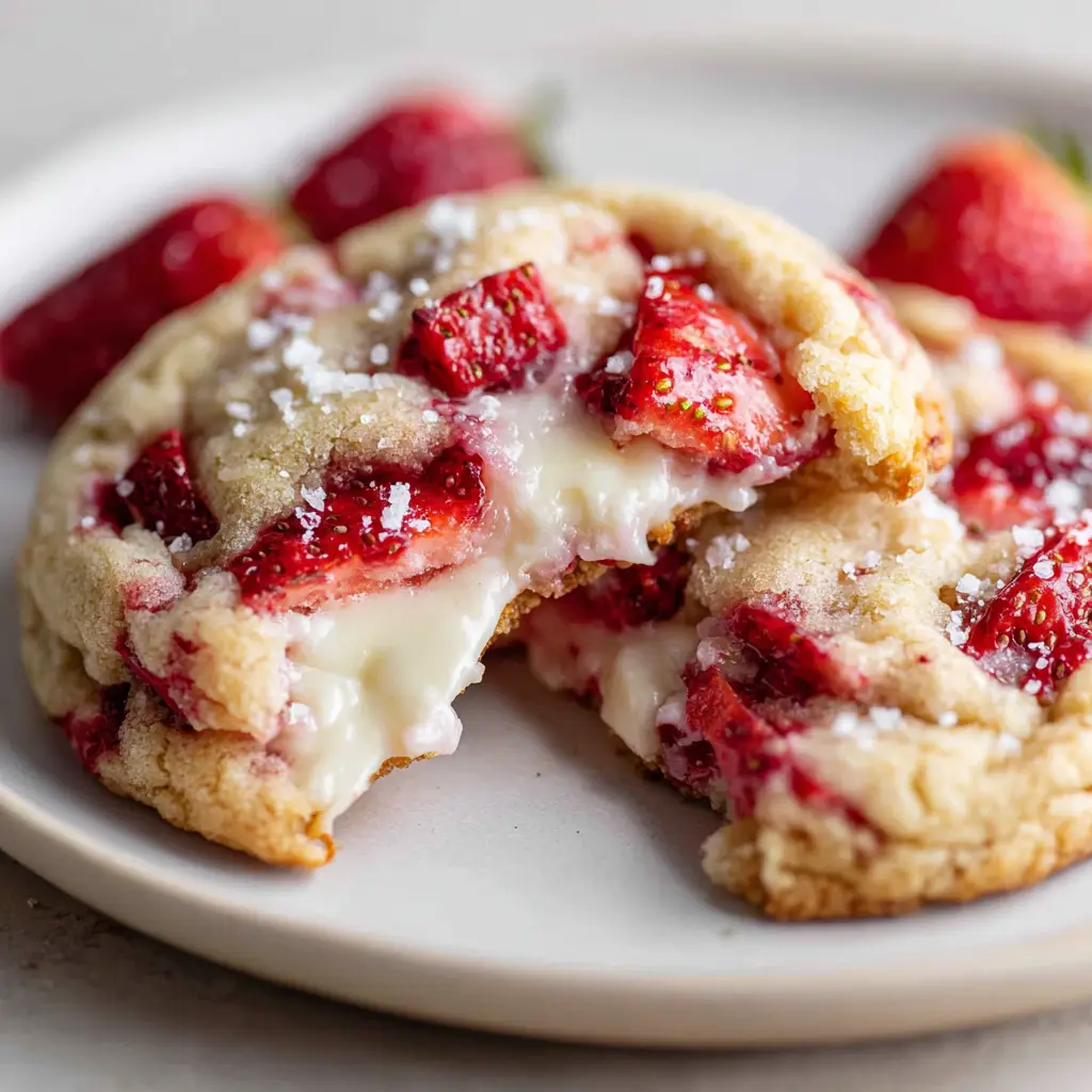 Slightly crisped edges of a golden-brown cookie dotted with extra roasted strawberry chunks and coarse white sugar crystals.