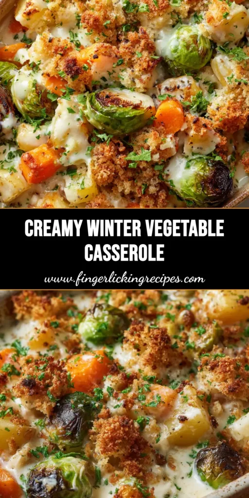 Close-up of a rustic ceramic dish holding a baked creamy Winter vegetable casserole topped with golden breadcrumbs.