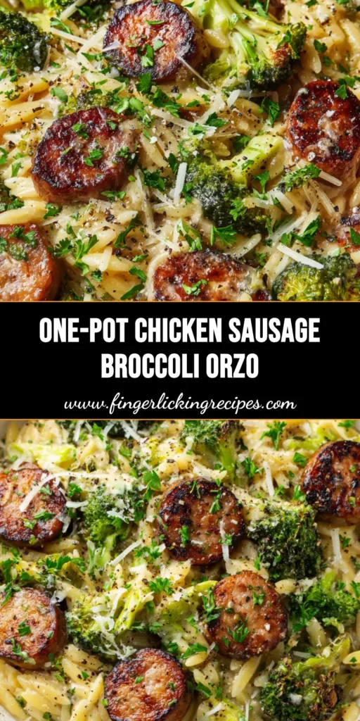 A rustic white ceramic bowl filled with thick, glossy creamy Chicken Sausage and Broccoli Orzo, garnished with parmesan and fresh parsley.