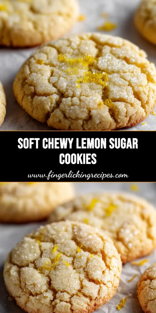 A close-up of soft, chewy lemon sugar cookies with a cracked, crinkly surface sparkling with sugar resting on white parchment paper over a metal baking sheet.