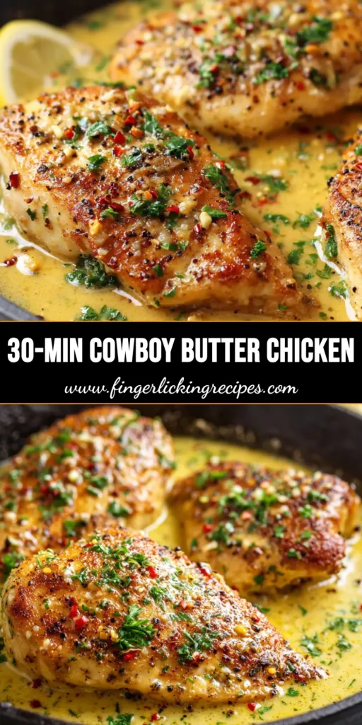 Cowboy Butter Chicken: Pan-Seared to Golden Perfection 5 A close up shot of pan-seared golden brown chicken breasts smothered in a creamy yellow cowboy butter sauce inside a cast iron skillet.