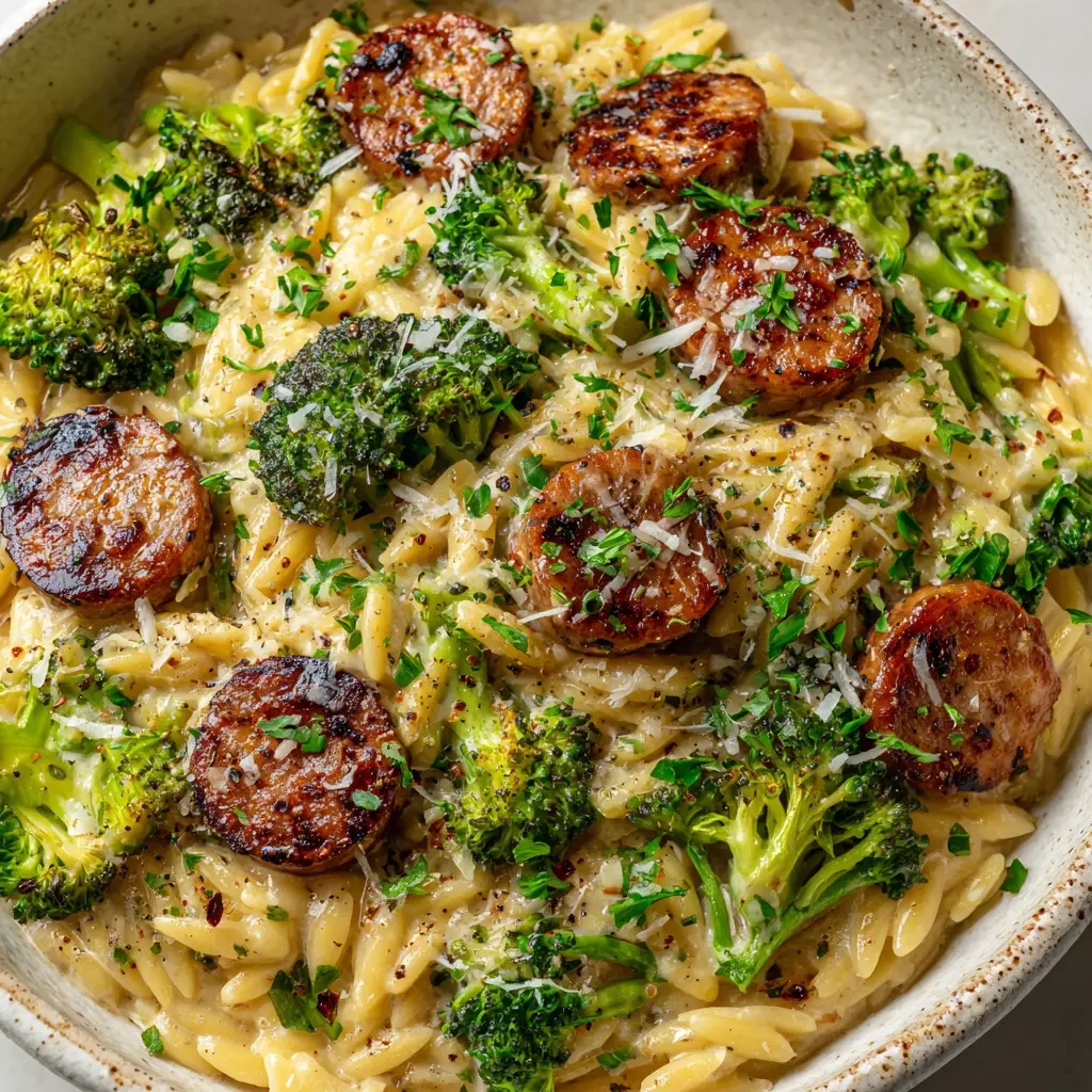 Bite-sized charred broccoli florets and crispy seared chicken sausage over thick, creamy light-yellow orzo pasta.