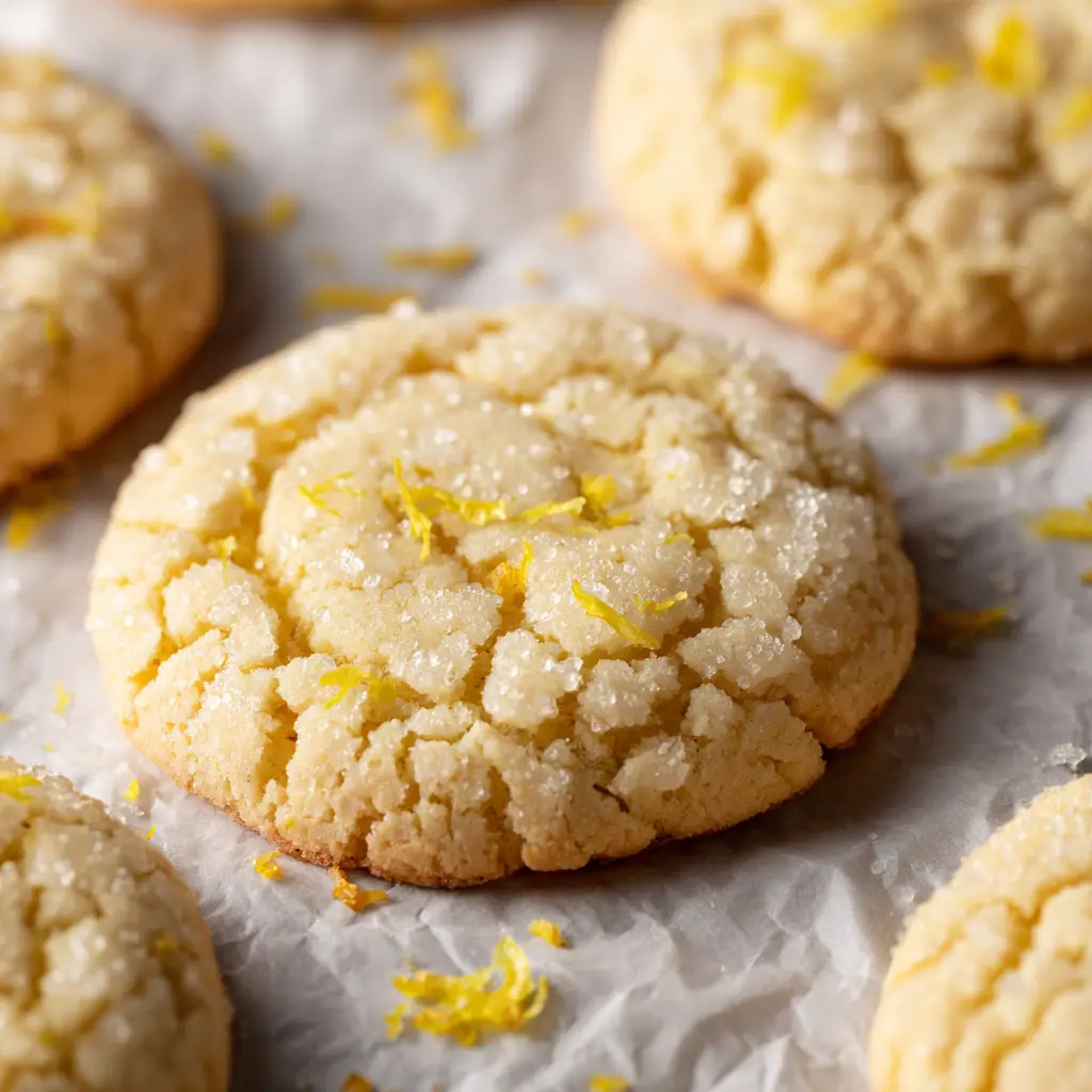 Handheld photo showing dense, chewy centers of baked lemon sugar cookies with sparkling granulated sugar coating.