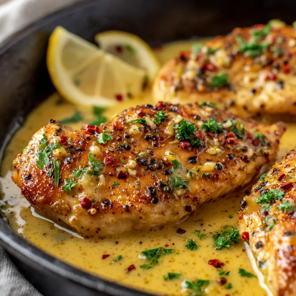 Cowboy Butter Chicken: Pan-Seared to Golden Perfection 2 Golden brown chicken breast with a lemon wedge and rich butter pan sauce.