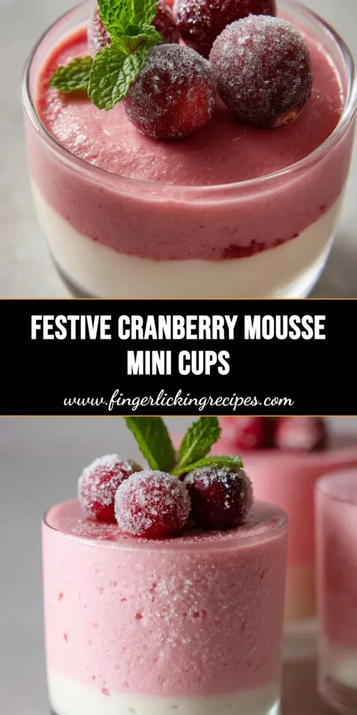 A close up photo of layered Cranberry Mousse Cups served in small clear glass mini dessert cups with a vanilla base and vibrant pink whipped cranberry top.