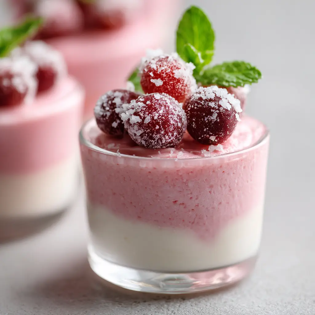 Three whole red cranberries coated in crystalline sugar and a fresh green mint leaf garnishing a pink cranberry mousse dessert.
